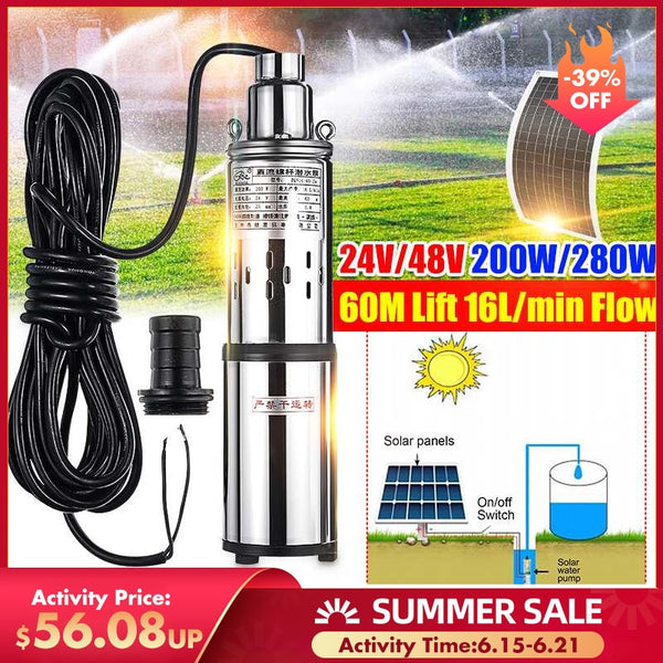 60m 24V/48V Solar Water Pump 200W/280W High Lift Deep Well Pump DC Screw Submersible Pump Agricultural Irrigation Garden Home